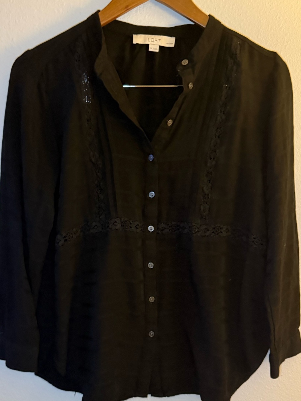 LOFT Black Button-Front Lace-Trim Shirt